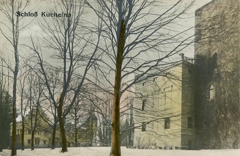 Nový a starý zámek v Chuchelné na kolorované pohlednici z období okolo roku 1910